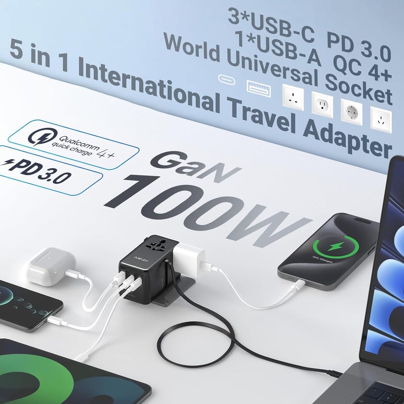 Minix 100W Universal Travel Adapter with Retractable USB C Cable,GaN III International Power Adapter, Type-C*3 USB-A*1 Ports, AC Outlet, Worldwide Travel Charger for Laptops Tablets Phones Cameras - Image 2